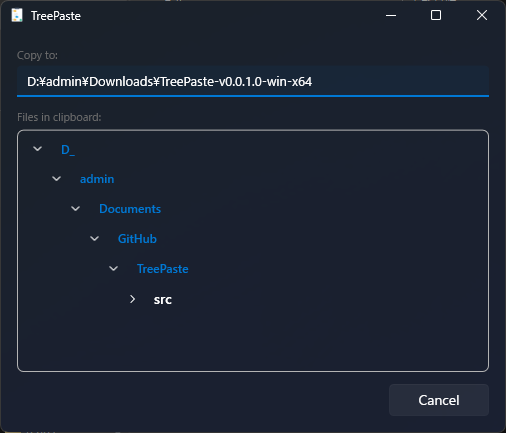 TreePaste main window showing folder hierarchy and paste level selection