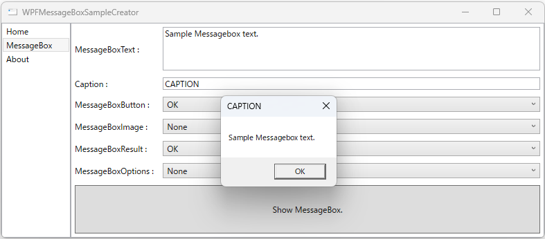 WPF MessageBoxサンプル作成ツールの画面とプレビュー例
