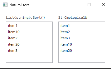 The same five strings sorted two ways. The default sort produces item1, item10, item2, item20, item3, while StrCmpLogicalW produces item1, item2, item3, item10, item20.
