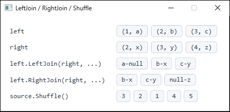 Results of LeftJoin and RightJoin over two sequences. LeftJoin yields null for the missing right side, RightJoin yields null for the missing left side, and Shuffle reorders the elements.