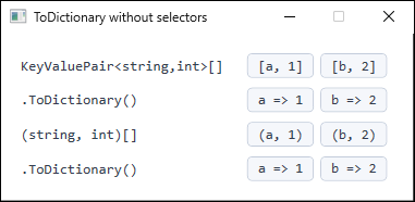 A figure applying ToDictionary() without selectors to an array of KeyValuePair and an array of tuples, both producing the same key-value pairs.