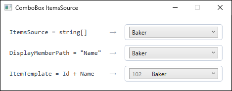 Three ComboBox controls. The string list and the DisplayMemberPath one show only Baker, while the one using ItemTemplate shows 102 and Baker in two columns.