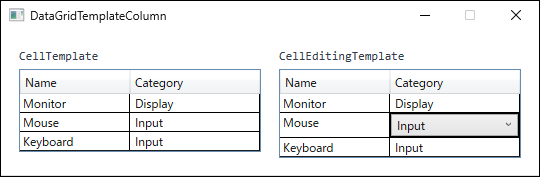 Two DataGrid controls with identical column definitions. The left one renders every cell as text, while in the right one only the Category cell of the second row is a ComboBox.