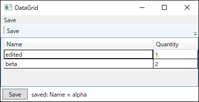 A window after clicking Save in the toolbar while the Name cell in the first row of a DataGrid is still being edited with the text edited. The status at the bottom reads saved: Name = alpha, so the value saved is the one from before the edit.
