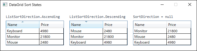 Three DataGrid controls side by side. The left one shows an ascending arrow on the Name column with rows in name order, the middle one a descending arrow with the reverse order, and the right one has no arrow and shows the original data order.