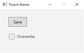A WPF window with the Fluent theme applied. The Save button has square corners and a gray background in the legacy appearance, while the Overwrite check box below it uses the rounded Fluent appearance.