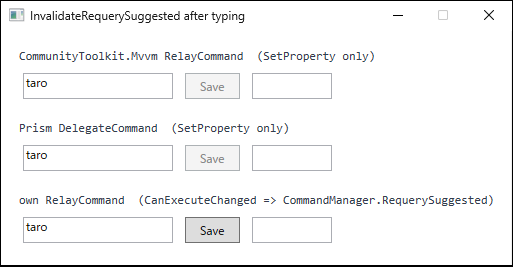Three rows, each with a text box, a button, and a second text box. For the Toolkit RelayCommand and the Prism DelegateCommand, the button stays disabled after a name is typed and InvalidateRequerySuggested is called. Only the hand-written command that forwards CanExecuteChanged to CommandManager.RequerySuggested is enabled.
