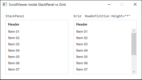 Two regions of identical height showing the same 12 items. The one placed inside a StackPanel has no scrollbar and is cut off at the seventh item, while the one in a Grid star row shows a scrollbar.