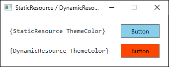 Two buttons referencing the same brush key. The one using StaticResource stays sky blue while the one using DynamicResource turns orange after the resource is replaced.