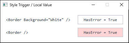 Two Border elements sharing one style. The upper one, whose Background is set as a local value, stays white, while the lower one takes the pale red from the DataTrigger.