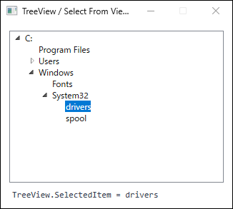 A TreeView with C:, Windows, and System32 expanded and the drivers node highlighted with the selection color. The line below reads TreeView.SelectedItem = drivers.
