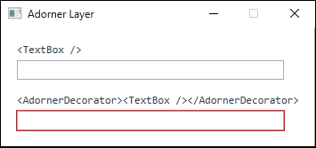 2 つの TextBox を縦に並べた画面。AdornerDecorator で包んでいない上の TextBox は枠が通常色のままで、AdornerDecorator で包んだ下の TextBox だけが赤い枠で囲まれている。