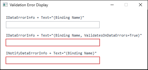 3 つの TextBox を縦に並べた画面。IDataErrorInfo に ValidatesOnDataErrors を付けていない一番上の TextBox だけ枠が通常色のままで、ValidatesOnDataErrors=True を付けたものと INotifyDataErrorInfo を実装したものは赤い枠で囲まれている。